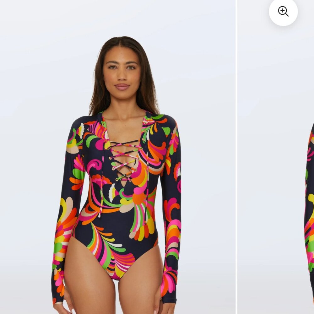 Trina Turk Long Sleeve Paddle Suit Palms Paradise Lace-Up One Piece Swimsuit XL